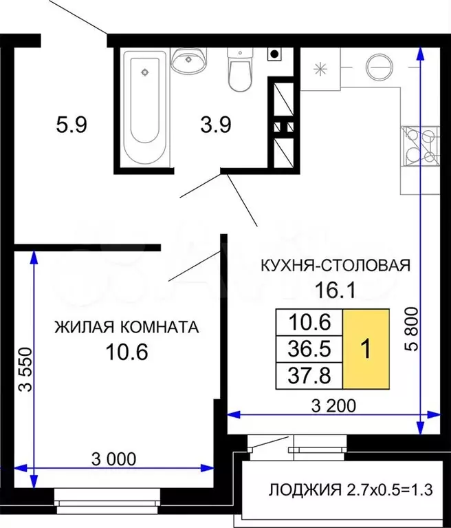 1-к. квартира, 37,8м, 12/16эт. - Фото 0