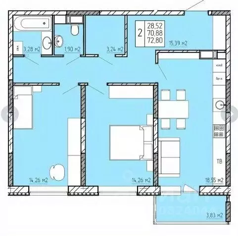 2-к кв. Калужская область, Калуга ул. Пухова, 56 (72.8 м) - Фото 2