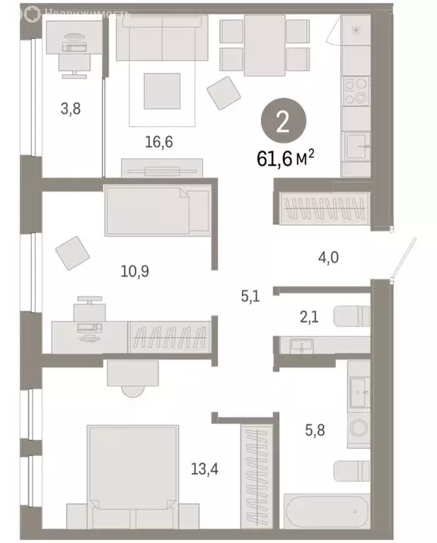 2-комнатная квартира: Тюмень, улица Республики, 205к1 (61.64 м) - Фото 2