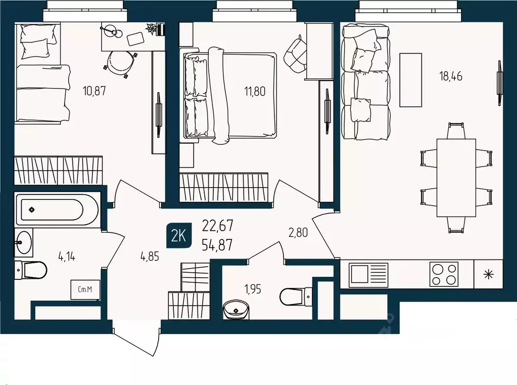 2-к кв. Тюменская область, Тюмень  (54.87 м) - Фото 1