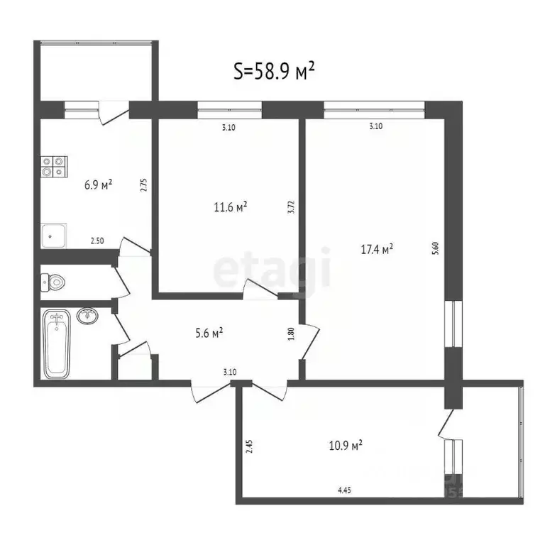 3-к кв. Кемеровская область, Кемерово бул. Строителей, 6 (58.9 м) - Фото 2