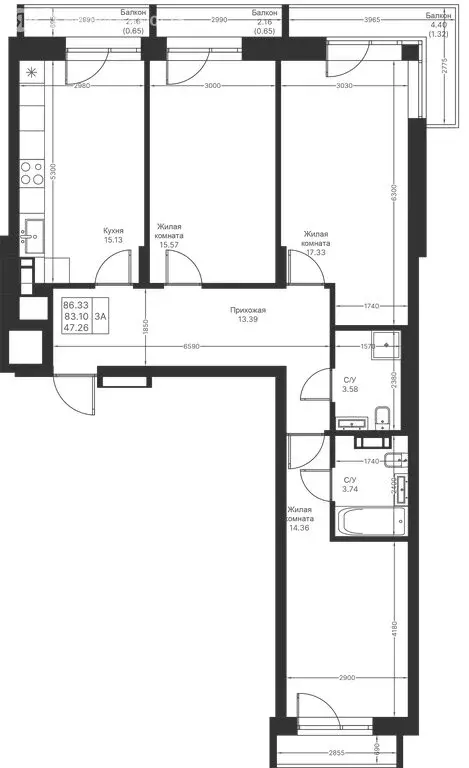 3-комнатная квартира: Казань, ЖК Мой Ритм (86.33 м) - Фото 0