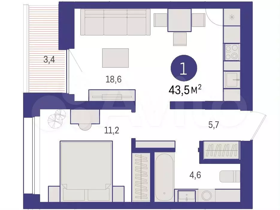 1-к. квартира, 43,6м, 2/6эт. - Фото 1