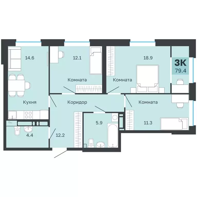 3-комнатная квартира: Пермь, Парковый проспект, 24 (79.4 м) - Фото 0
