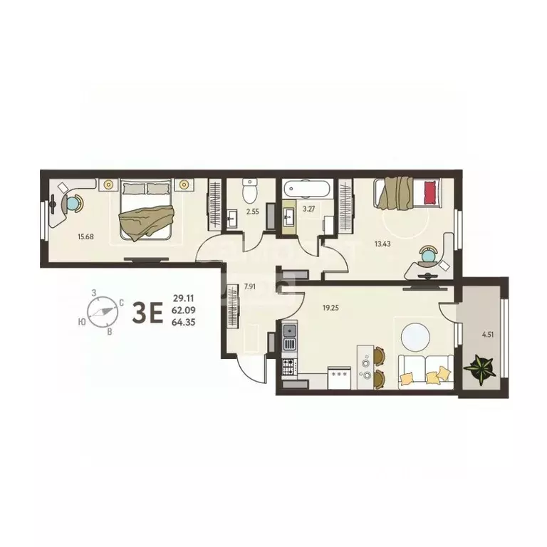 2-к кв. Курская область, Курск ул. Энгельса, 115 (64.35 м) - Фото 1