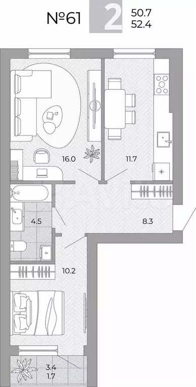 2-к. квартира, 52,4 м, 2/4 эт. - Фото 0