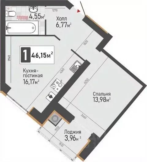 1-к кв. Рязанская область, Рыбное  (46.15 м) - Фото 1