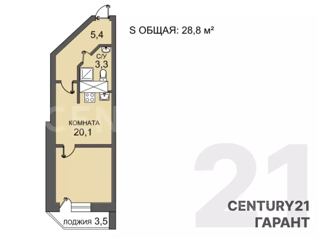 Студия Санкт-Петербург Ленинский просп., 82к1 (28.8 м) - Фото 2