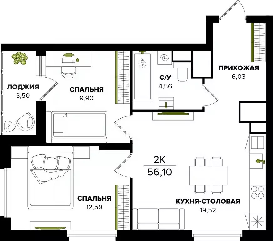 2-к кв. Тульская область, Тула  (56.1 м) - Фото 0