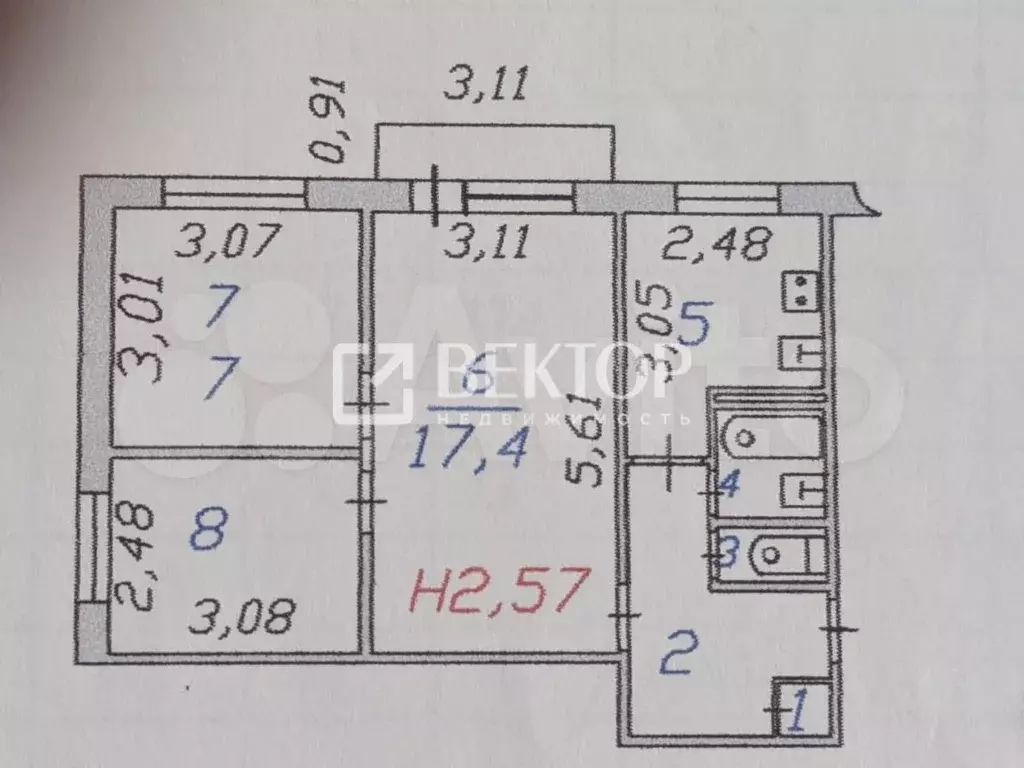 3-к. квартира, 49,5 м, 5/5 эт. - Фото 0