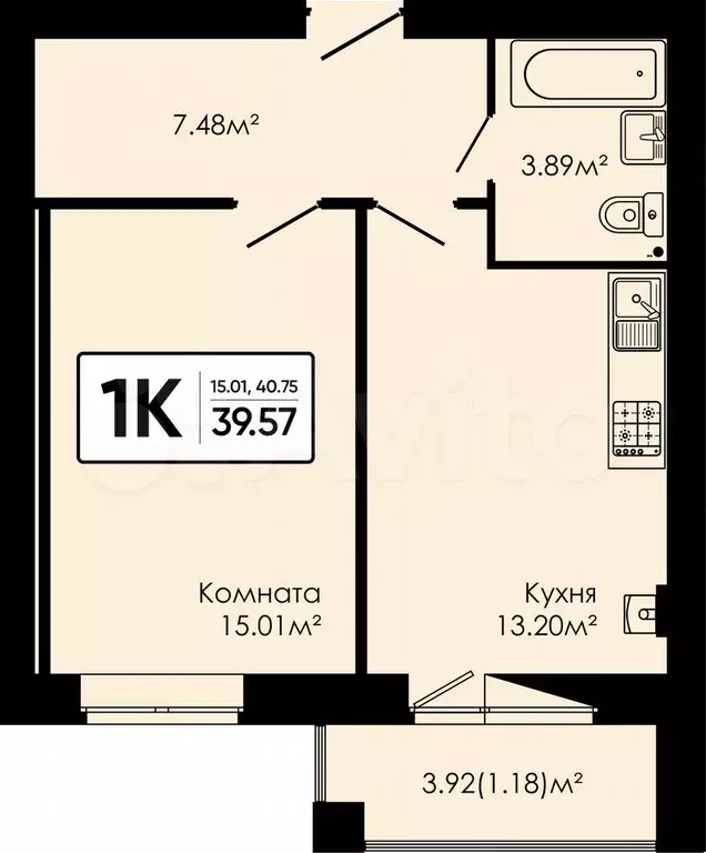 1-к. квартира, 39,6 м, 4/4 эт. - Фото 0