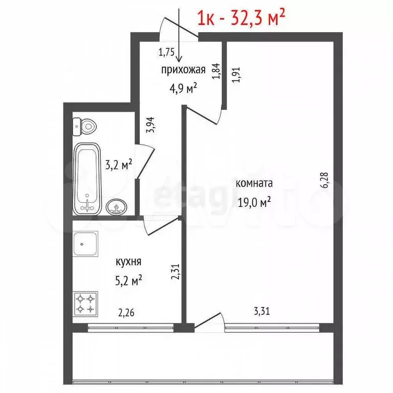 1-к. квартира, 32,3 м, 8/10 эт. - Фото 1