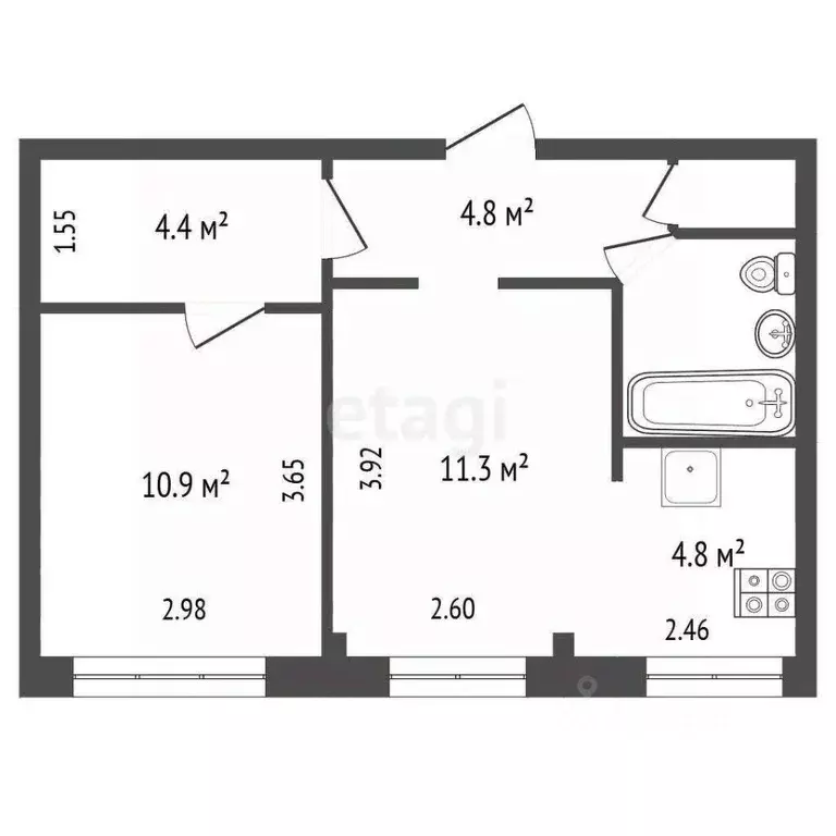 2-к кв. Архангельская область, Архангельск проезд Приорова, 1 (41.0 м) - Фото 2