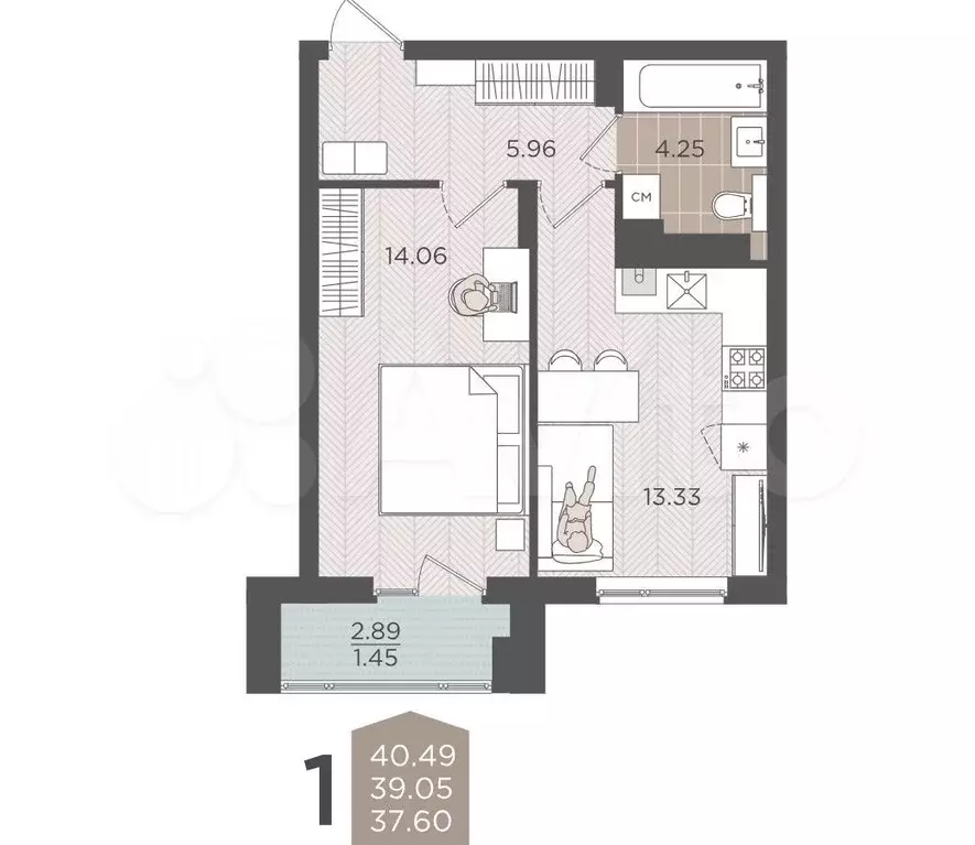 1-к. квартира, 39,1 м, 6/9 эт. - Фото 1