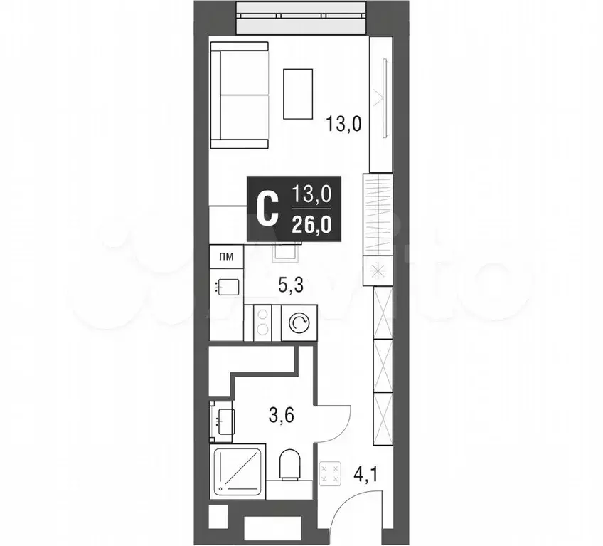 Квартира-студия, 25,8 м, 40/53 эт. - Фото 1