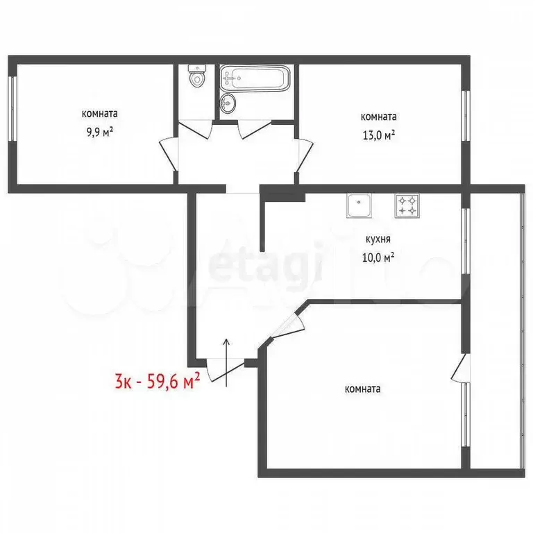 3-к. квартира, 59,6 м, 9/9 эт. - Фото 1
