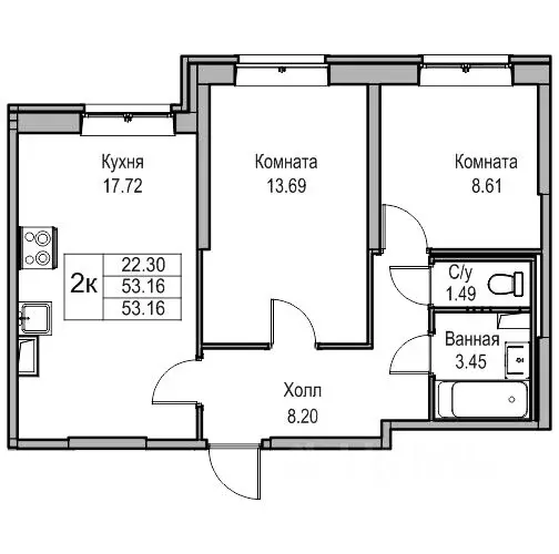 2-к кв. Санкт-Петербург ул. Ивинская, 19к1 (52.5 м) - Фото 1