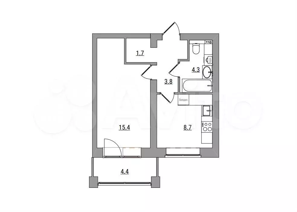 1-к. квартира, 38,3 м, 2/6 эт. - Фото 1