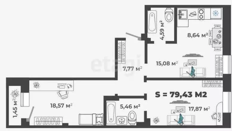 3-к квартира, 79.43 м - Фото 0
