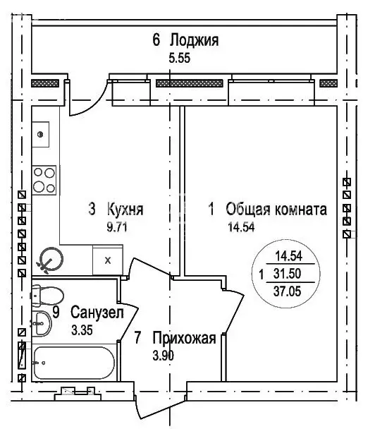 1-комнатная квартира: посёлок Новый, Новая улица, 1 (37.05 м) - Фото 2