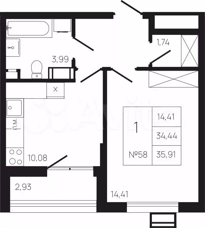 1-к. квартира, 37,4м, 6/9эт. - Фото 0