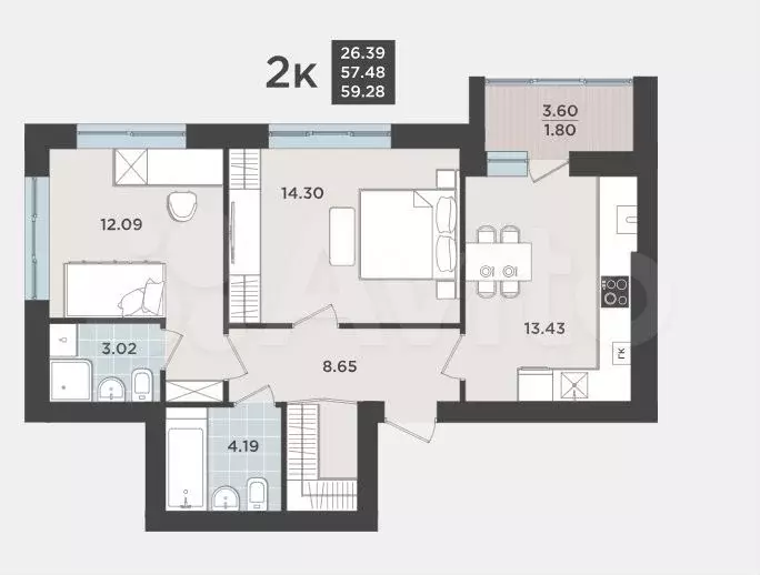 2-к. квартира, 57,5 м, 5/9 эт. - Фото 1