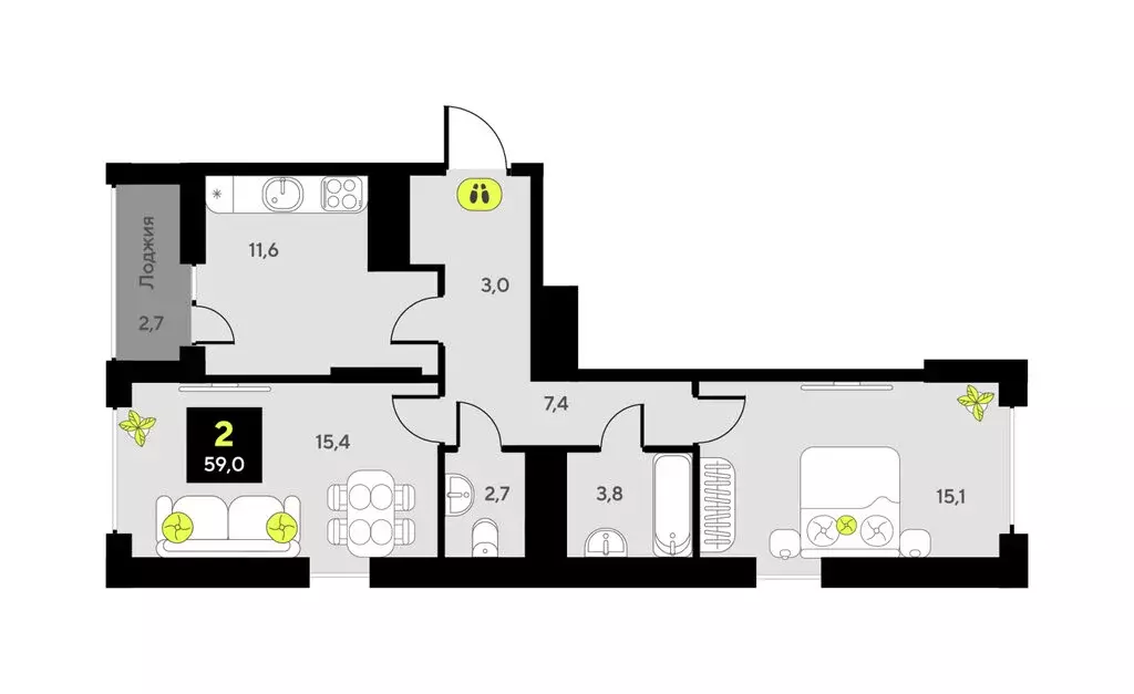 2-комнатная квартира: Тюмень, улица Пожарных и Спасателей, 16 (59 м) - Фото 1