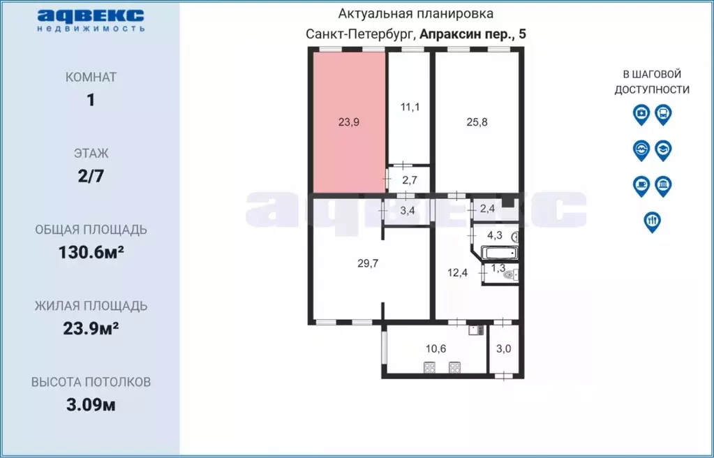 Комната Санкт-Петербург пер. Апраксин, 5 (23.9 м) - Фото 1