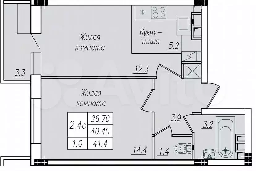 2-к. квартира, 41,4 м, 1/10 эт. - Фото 1