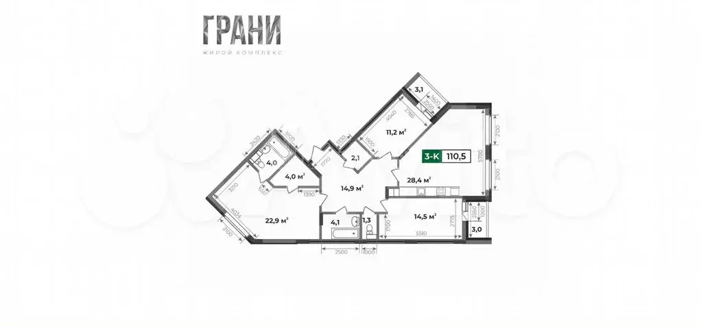3-к. квартира, 110 м, 7/10 эт. - Фото 1