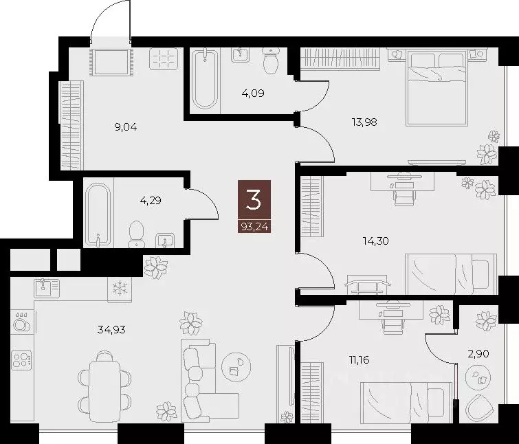 3-к кв. Рязанская область, Рязань ул. Бирюзова, 20с1 (93.24 м) - Фото 1