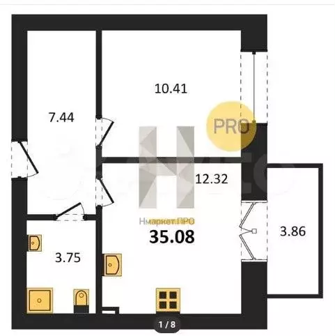 1-к. квартира, 35,1 м, 3/5 эт. - Фото 1