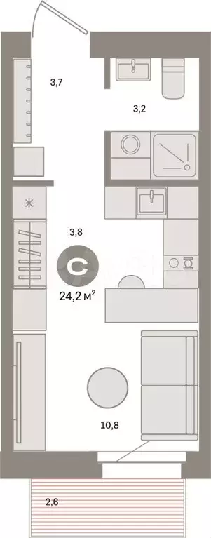 Квартира-студия, 24,2 м, 2/16 эт. - Фото 0