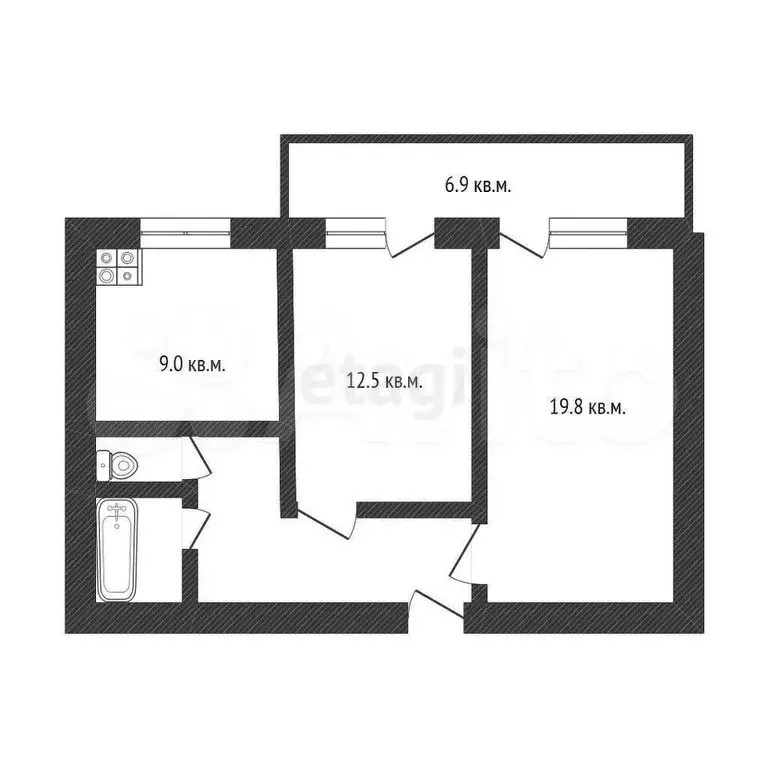 2-к. квартира, 53,9 м, 5/9 эт. - Фото 0