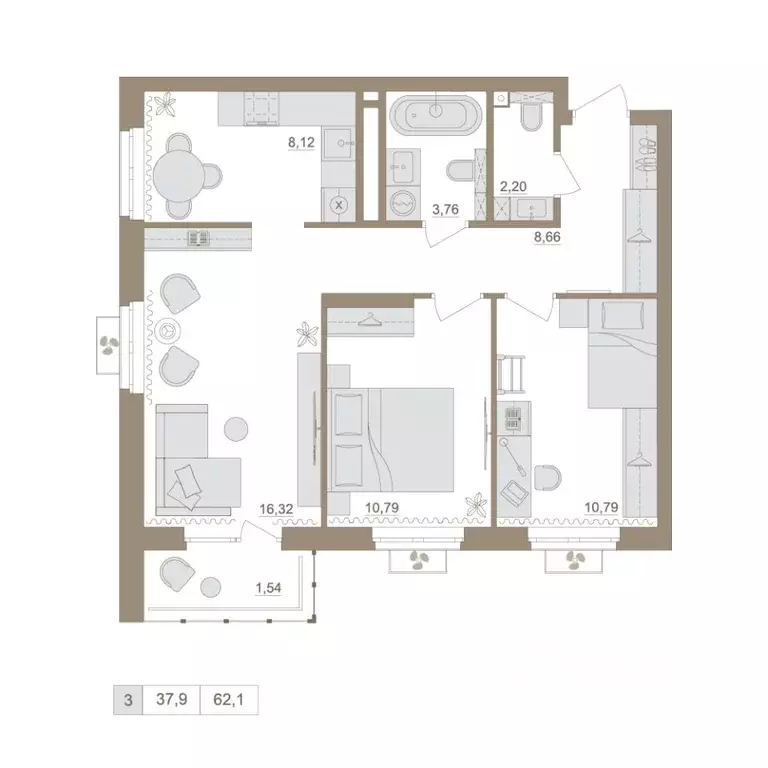 3-к кв. Башкортостан, Уфа бул. Яркий (61.47 м) - Фото 1