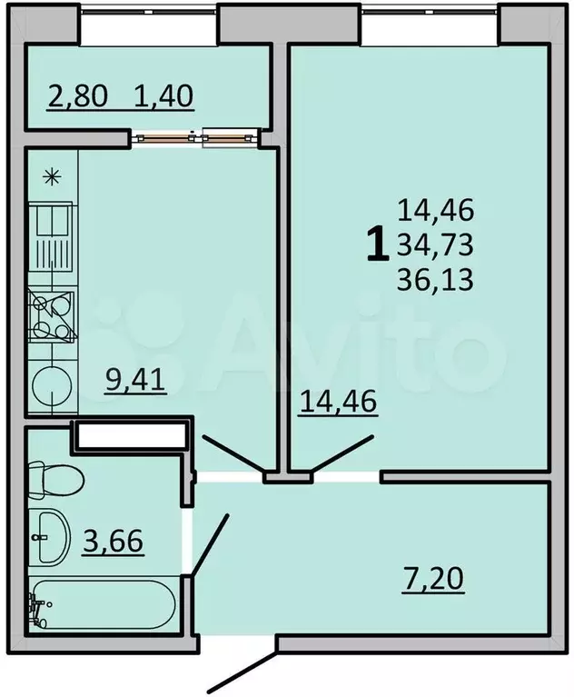 1-к. квартира, 36,1м, 17/22эт. - Фото 0