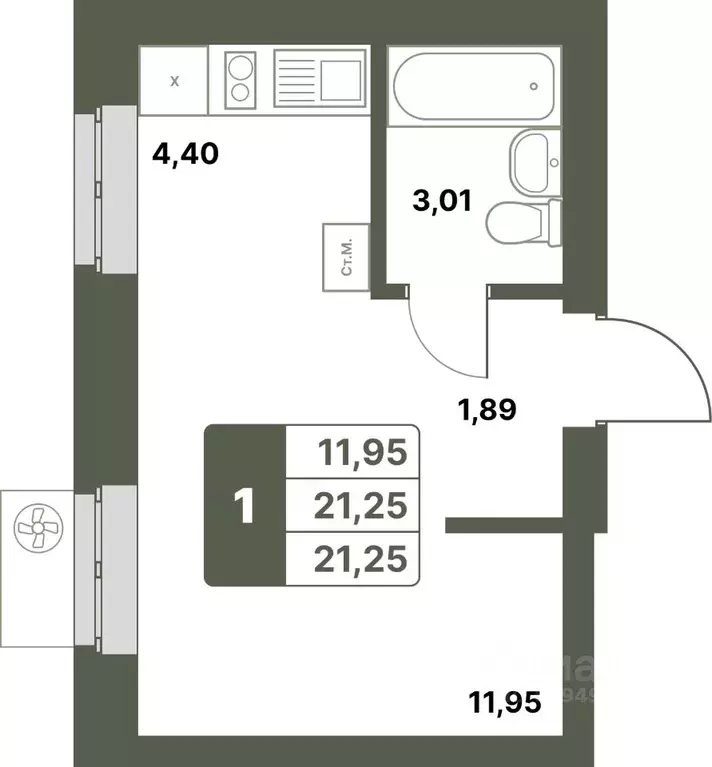1-к кв. Башкортостан, Уфимский район, с. Миловка  (21.25 м) - Фото 1