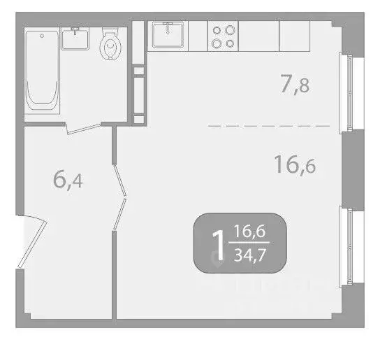 1-к кв. Томская область, Томск ул. Юрия Ковалева, 47 (34.73 м) - Фото 1