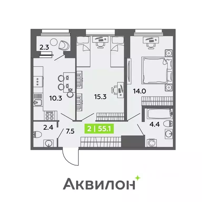 2-к кв. Санкт-Петербург ул. Чирикова, 5 (55.1 м) - Фото 0