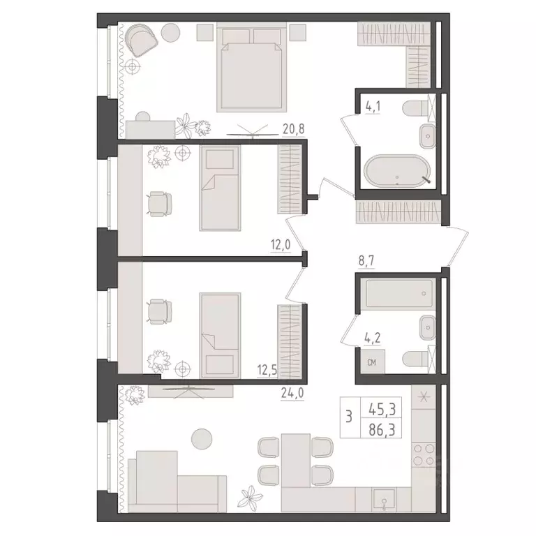 3-к кв. Башкортостан, Уфа 563-й кв-л,  (86.3 м) - Фото 1