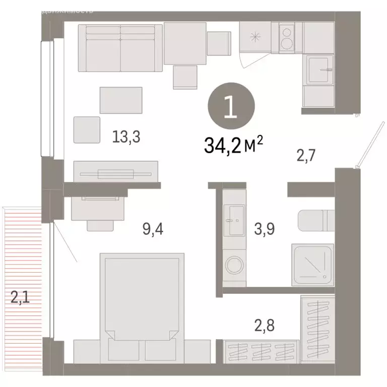 1-комнатная квартира: Новосибирск, квартал Лебедевский (34.2 м) - Фото 1
