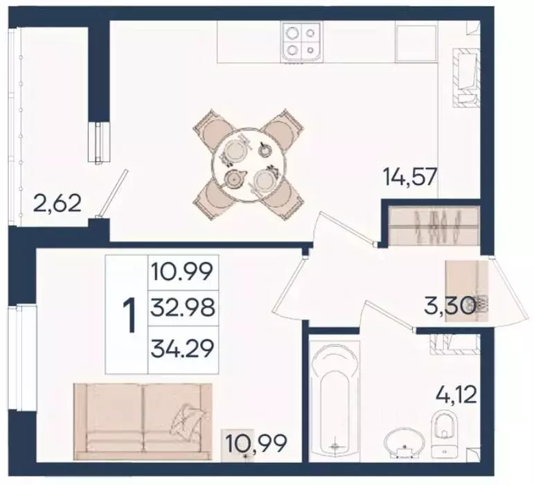 1-к кв. Краснодарский край, Краснодар  (34.29 м) - Фото 1