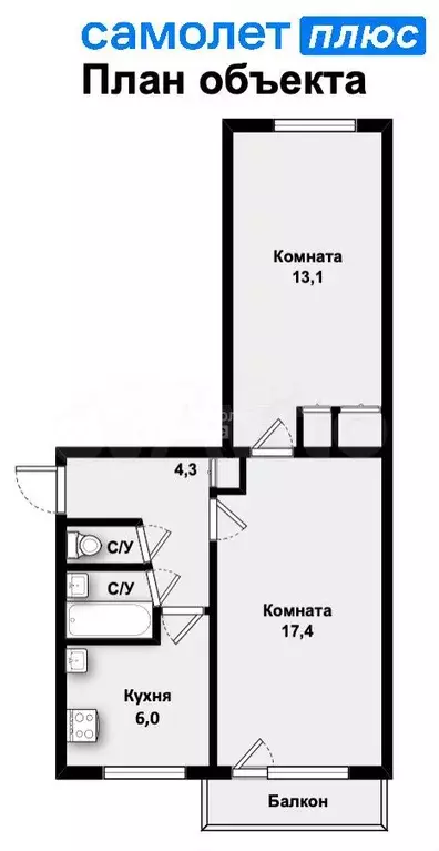 2-к. квартира, 44,8 м, 2/5 эт. - Фото 0