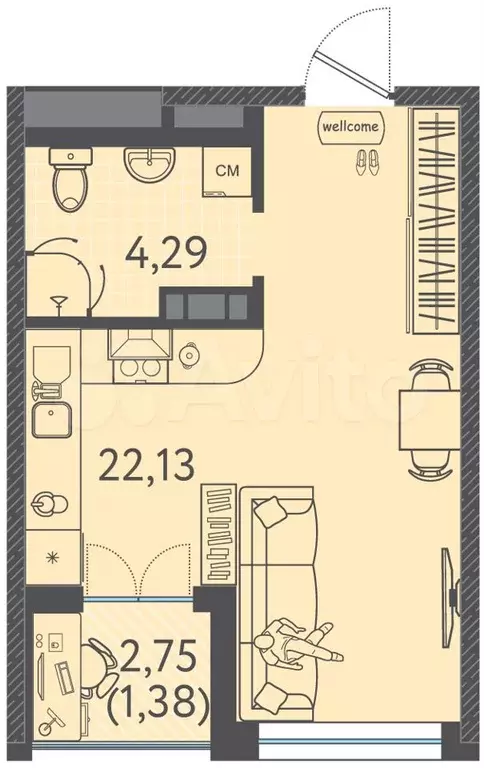 Квартира-студия, 27,8 м, 4/9 эт. - Фото 0