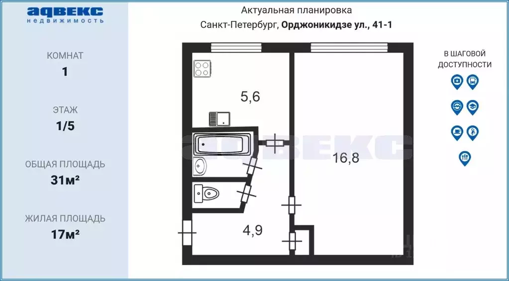 1-к кв. Санкт-Петербург ул. Орджоникидзе, 41К1 (31.0 м) - Фото 1