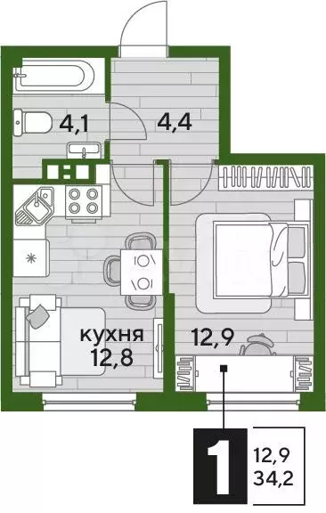 1-к. квартира, 34,2 м, 7/19 эт. - Фото 1