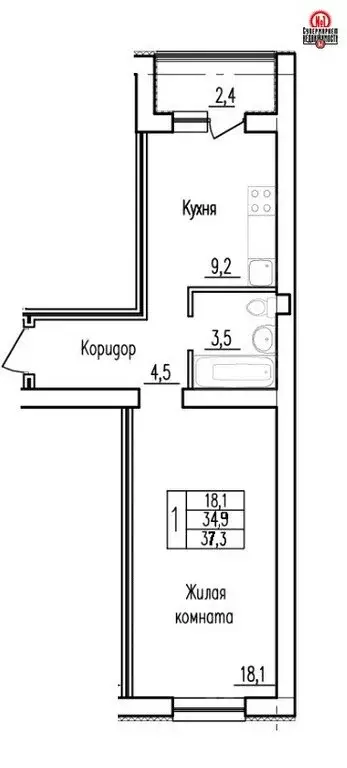 1-комнатная квартира: Стройкерамика, улица Николая Симонова, 11 (37.3 ... - Фото 1