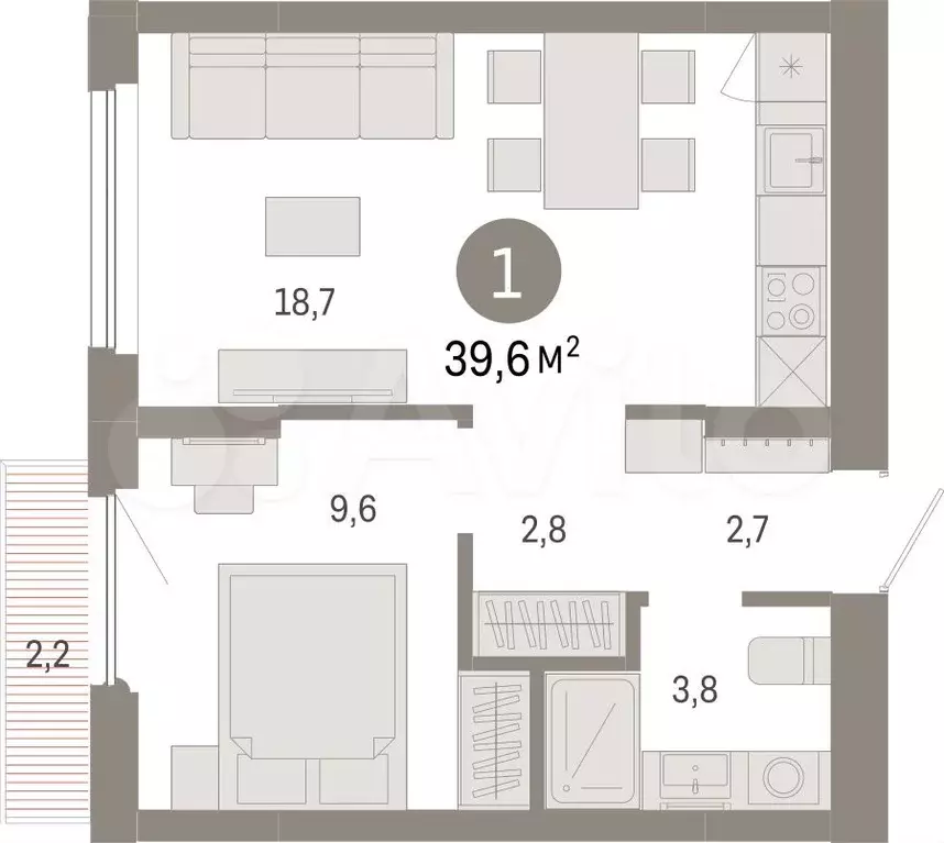 1-к. квартира, 39,6 м, 3/9 эт. - Фото 1