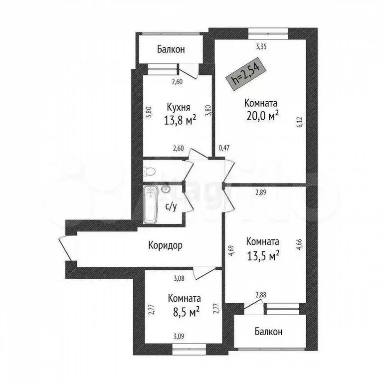 3-к. квартира, 72 м, 3/6 эт. - Фото 0