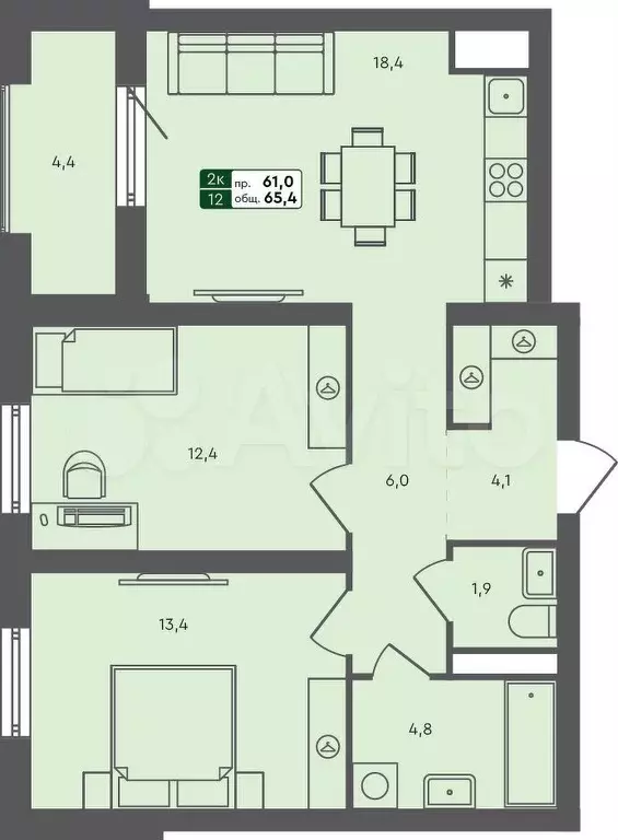 2-к. квартира, 65,4 м, 2/7 эт. - Фото 0